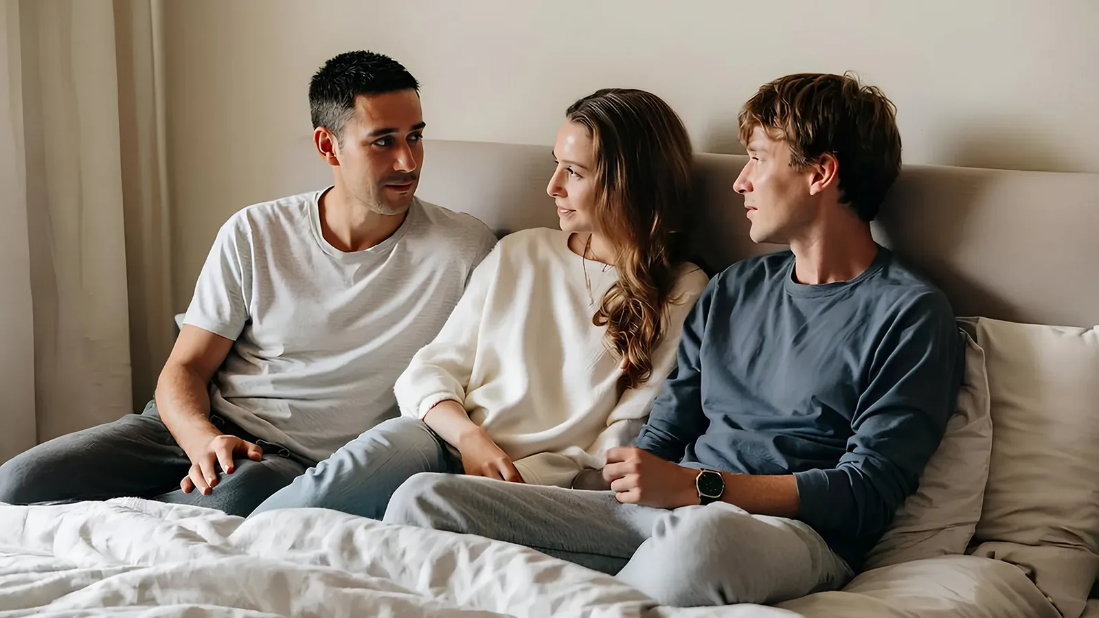 Three adults in casual clothes sitting together on a bed, mid-conversation in soft daylight