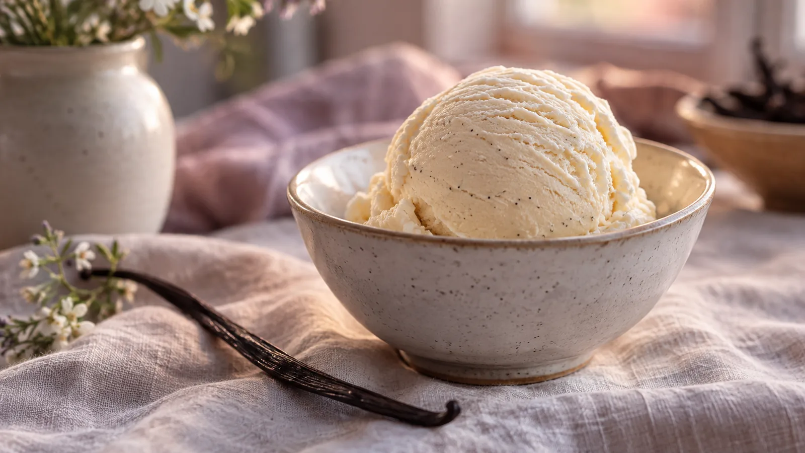 A scoop of vanilla ice cream in a simple bowl on a linen tablecloth in soft light