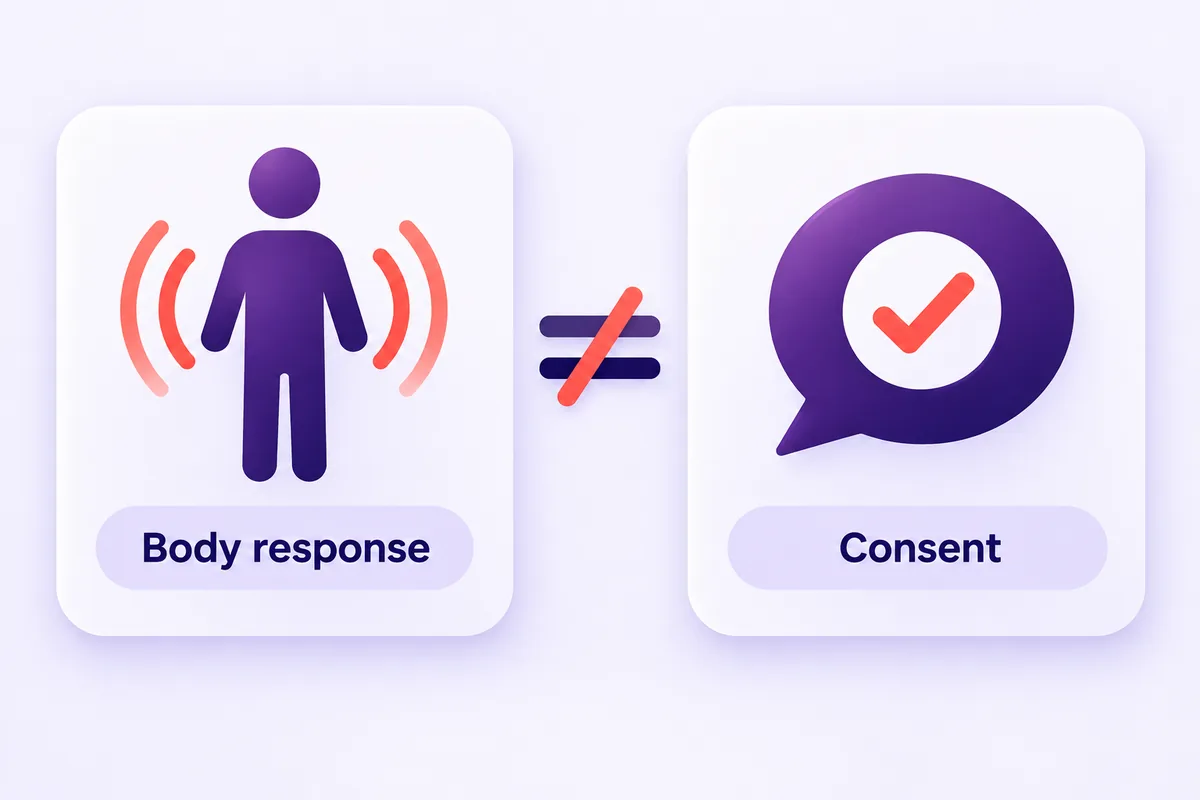 Two separate panels, a body-signal wave and a speech bubble with a check mark, unconnected