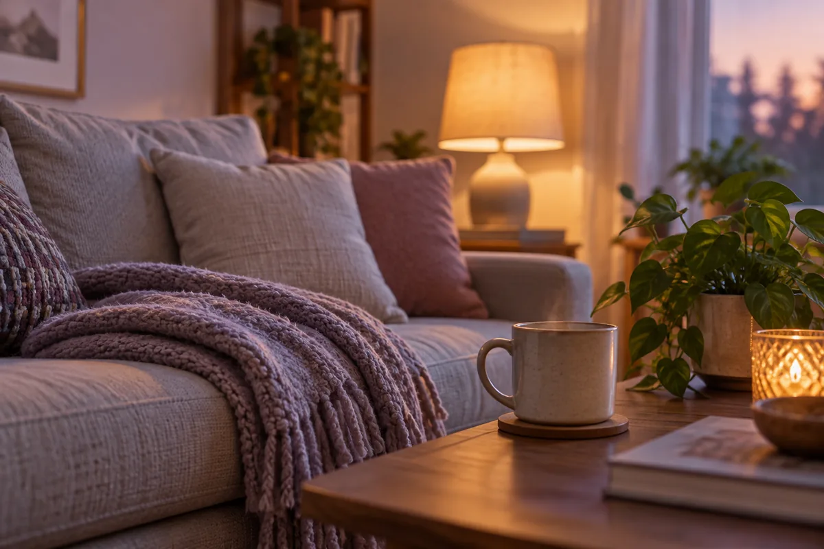 A soft blanket, a mug and a lamp on a sofa, a quiet safe space
