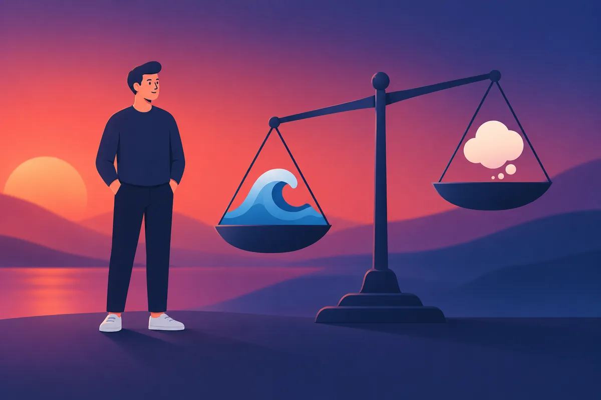 A calm person beside a balance scale holding a wave and a thought bubble