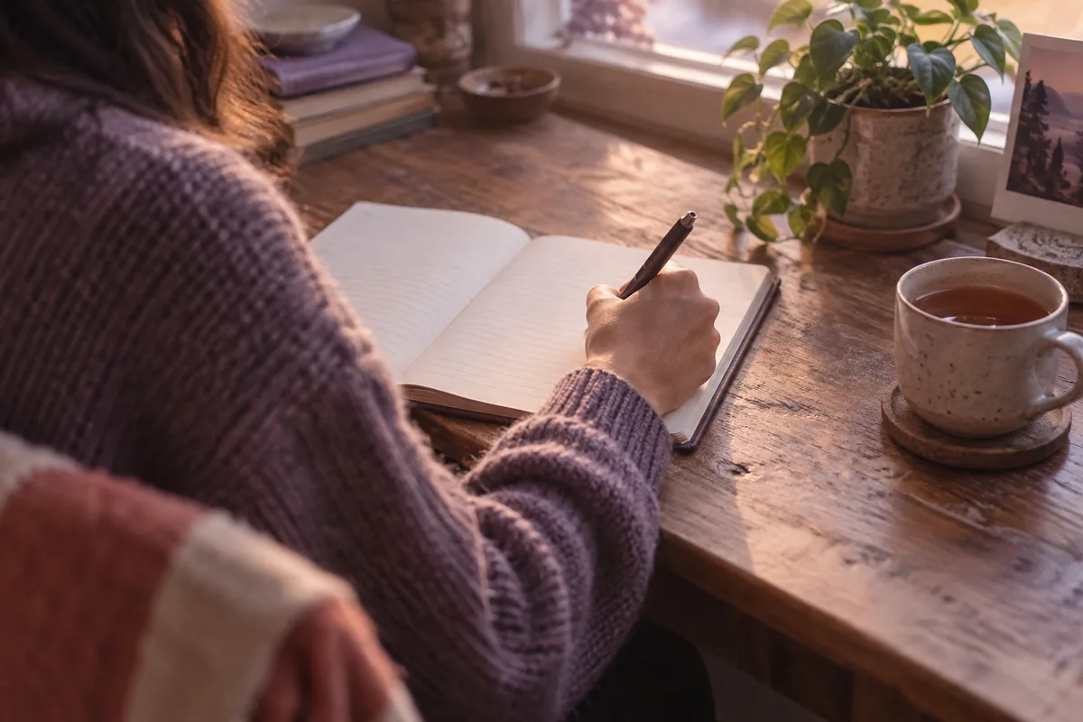 A hand writing in a notebook beside a cup of tea and a small plant