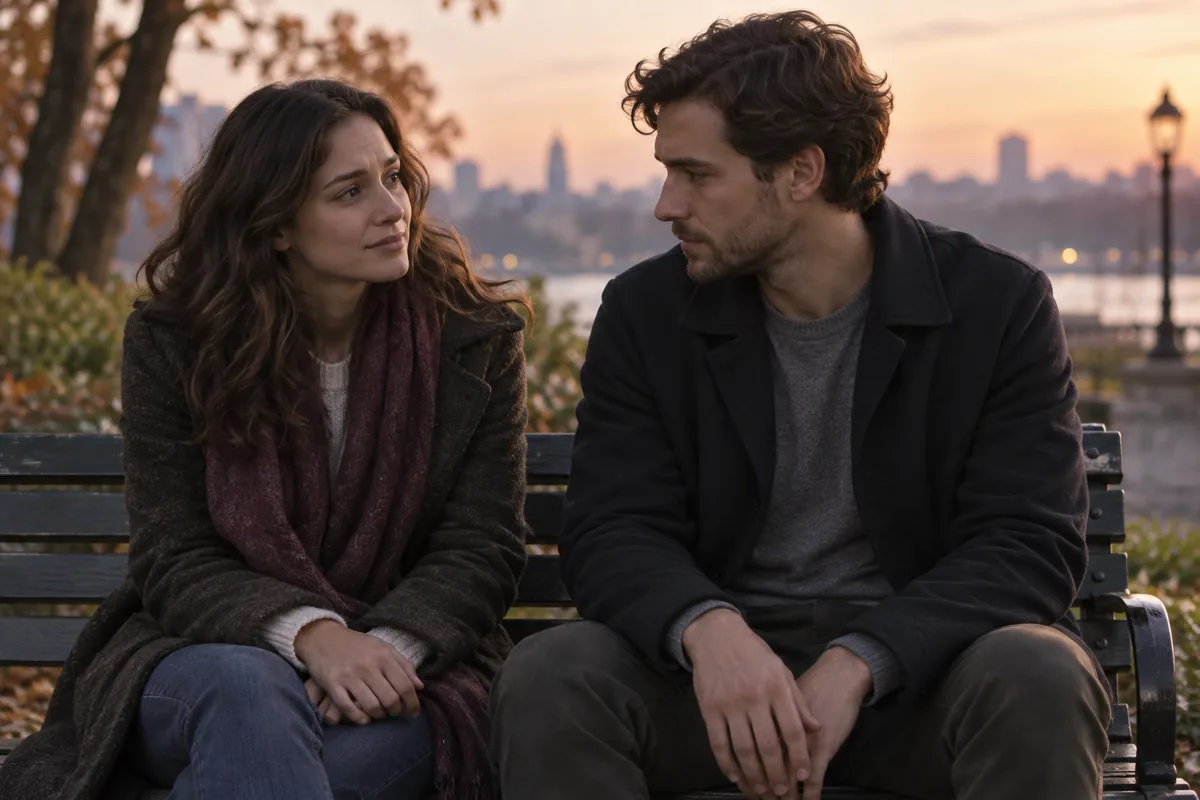 Two people on a park bench, one glancing at the other with an uncertain expression