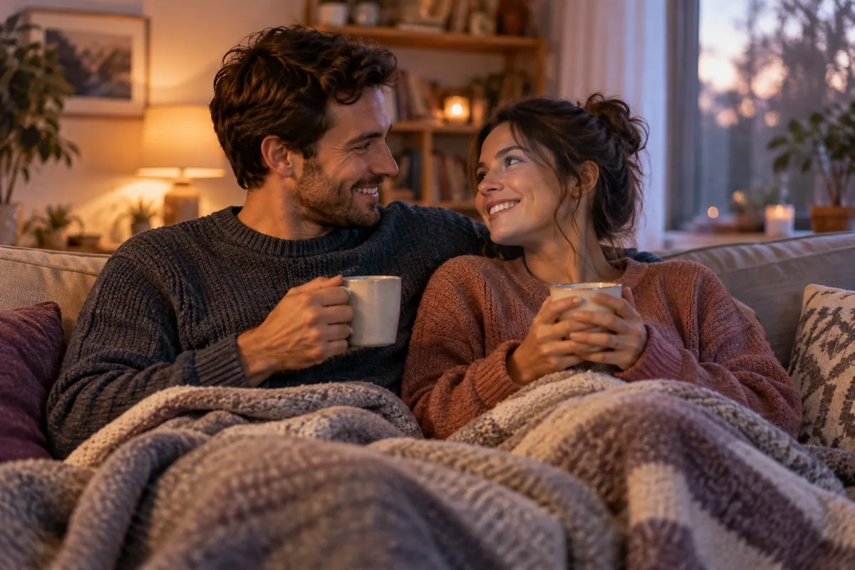 A couple under a shared blanket on a sofa talking and smiling over tea