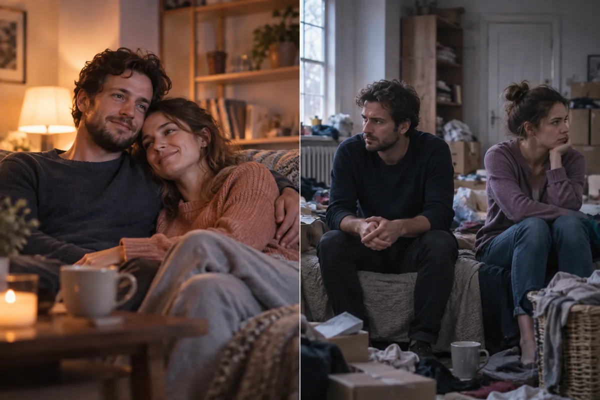 A couple relaxed in a warm cozy room beside the same couple tense and apart in a cold cluttered room