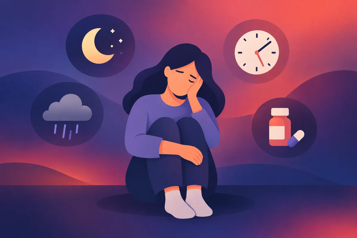 A person surrounded by small icons of a moon, a cloud, a clock and a medicine bottle