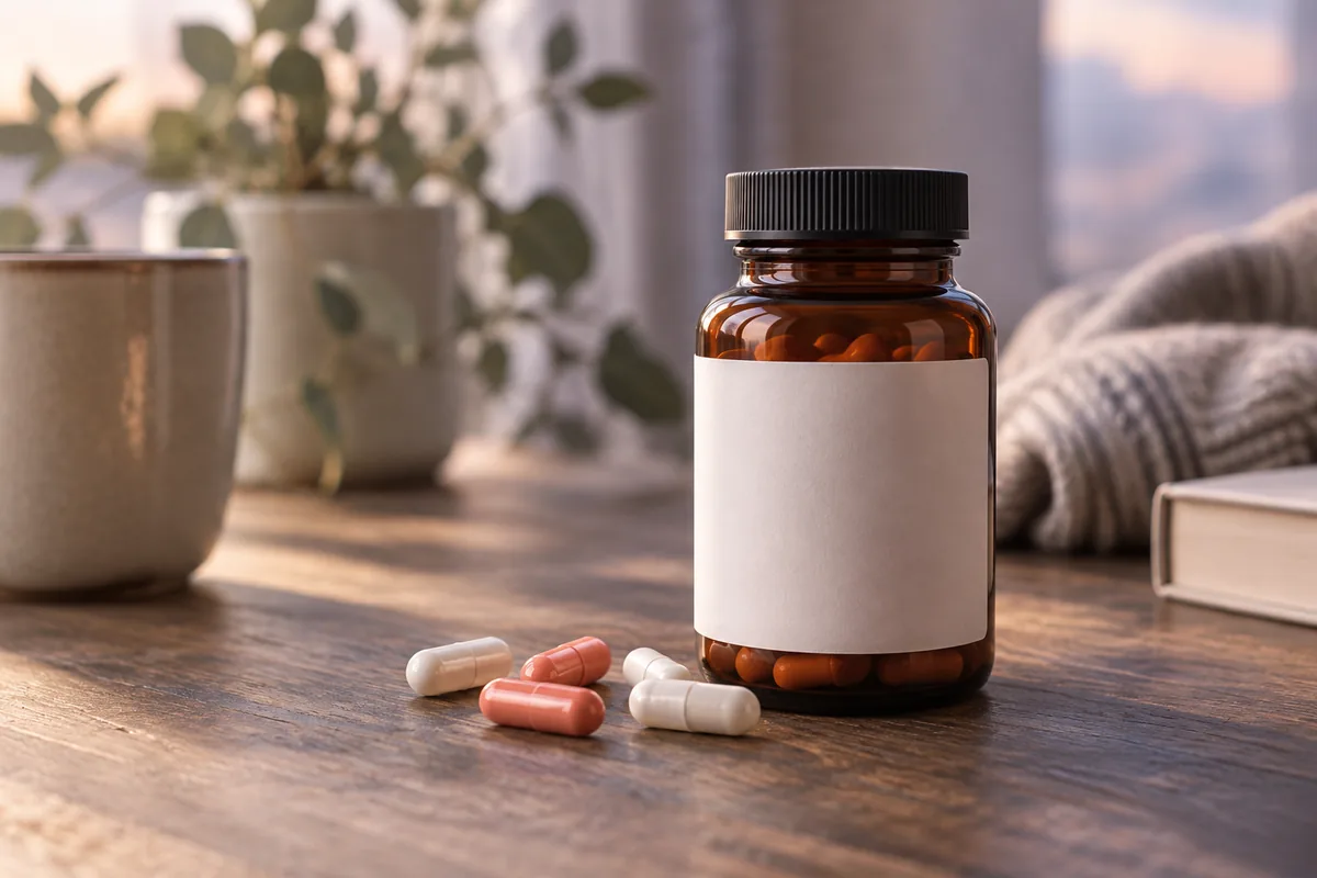 A pill bottle with capsules on a wooden table