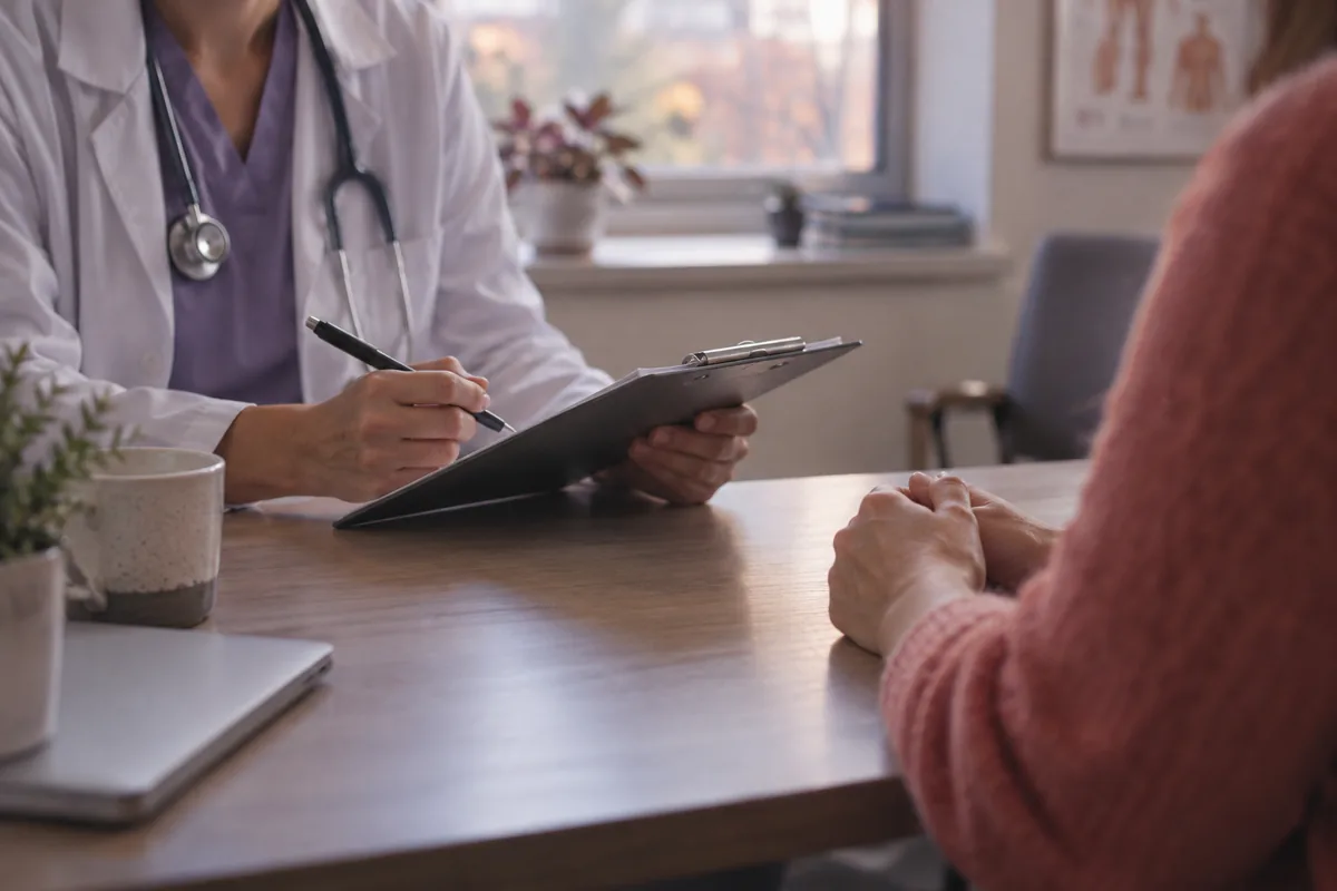 A clinician’s hands holding a clipboard across a desk from a patient