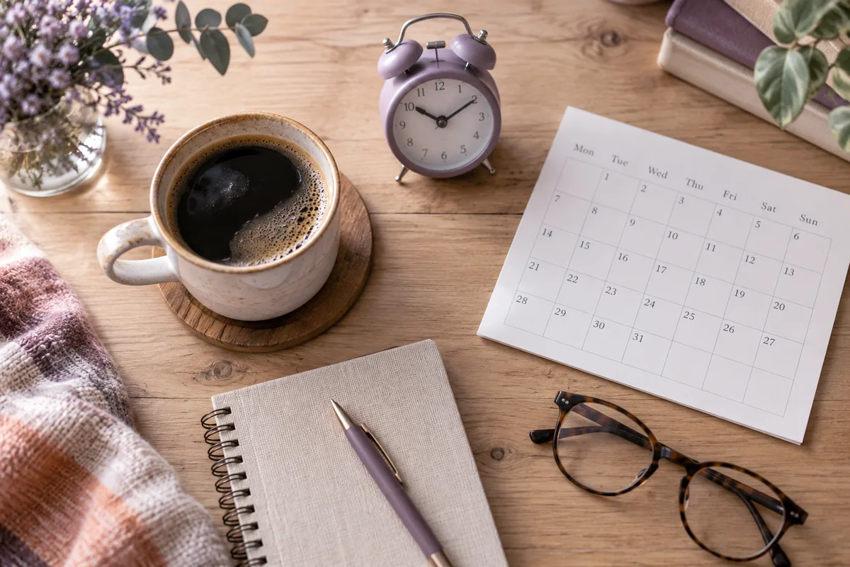 Flat lay of a coffee cup, alarm clock, calendar and notebook on a table