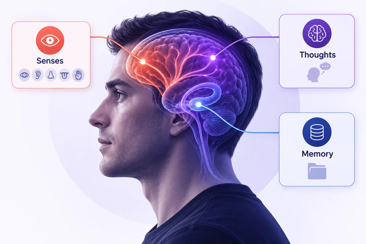 A man’s head profile with glowing pathways inside