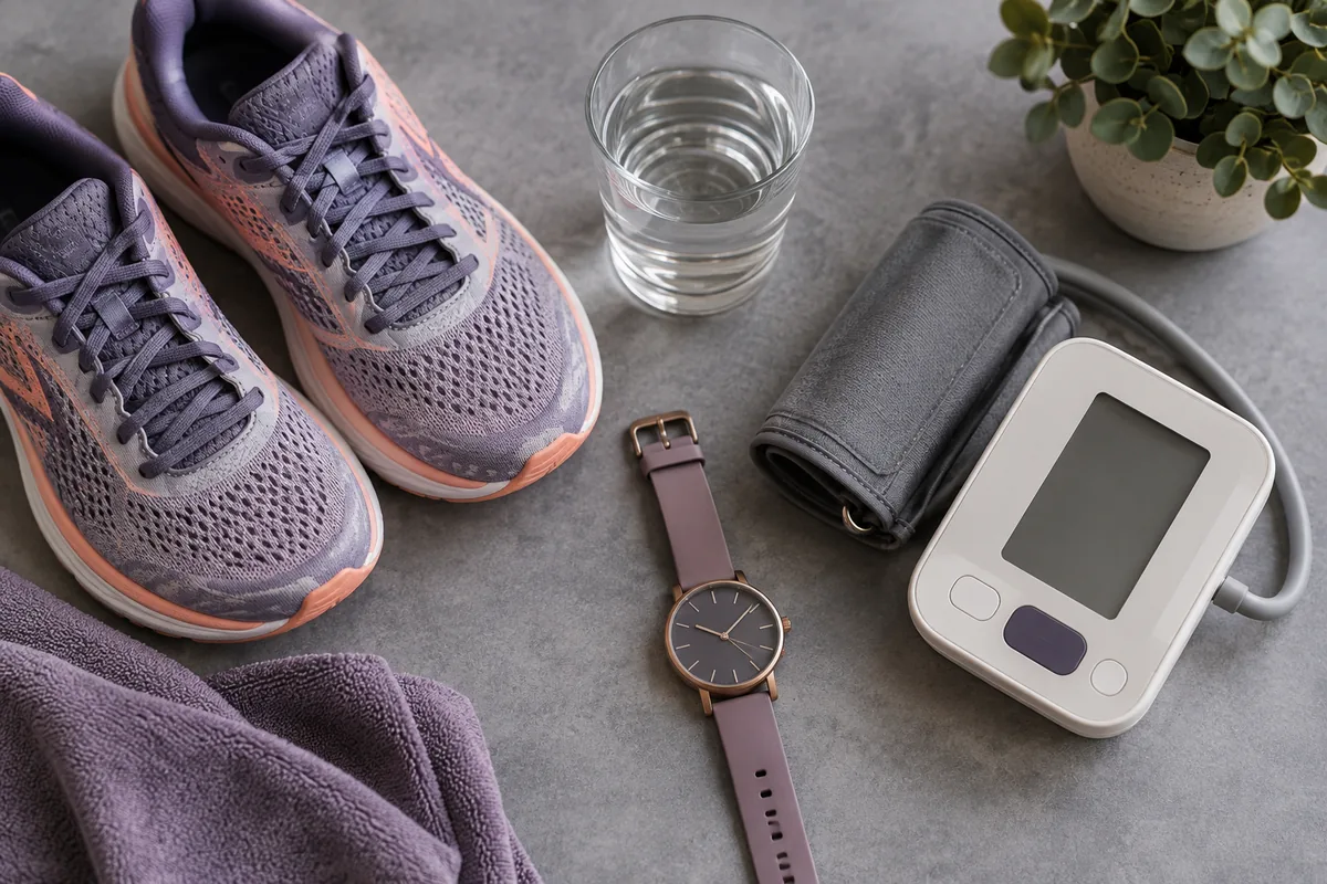 Flat lay of running shoes, a water glass, a blood pressure cuff and a watch