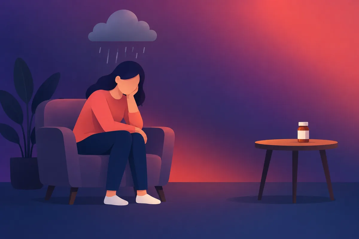 A person under a gray cloud with a medicine bottle set apart on a table
