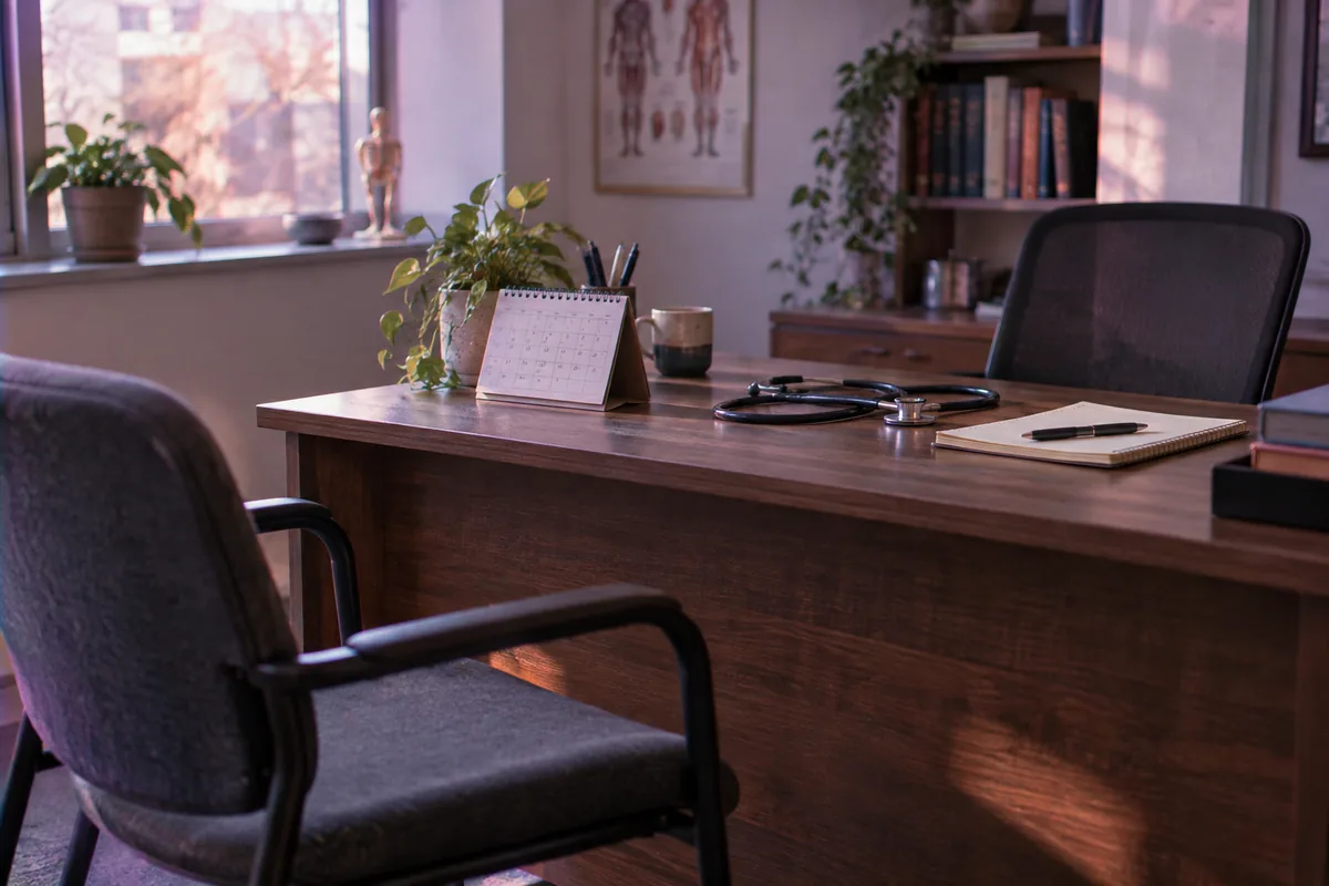 A doctor’s desk with a calendar, notepad and stethoscope and two chairs by a window
