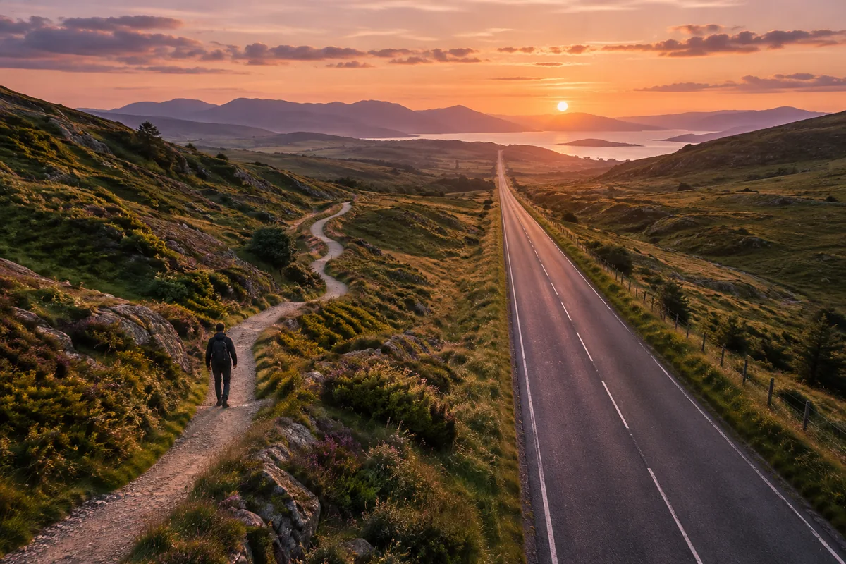Aerial view of a straight road beside a winding trail in a landscape