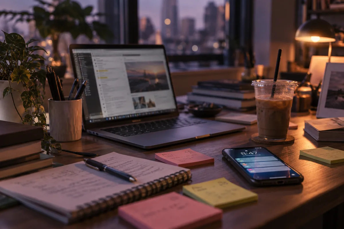 A cluttered desk with a laptop, a lit phone and sticky notes