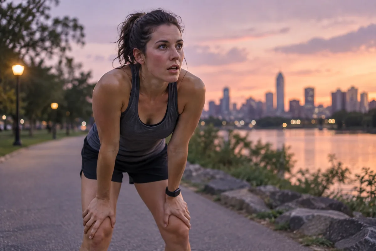 A runner catching their breath with hands on knees at dusk