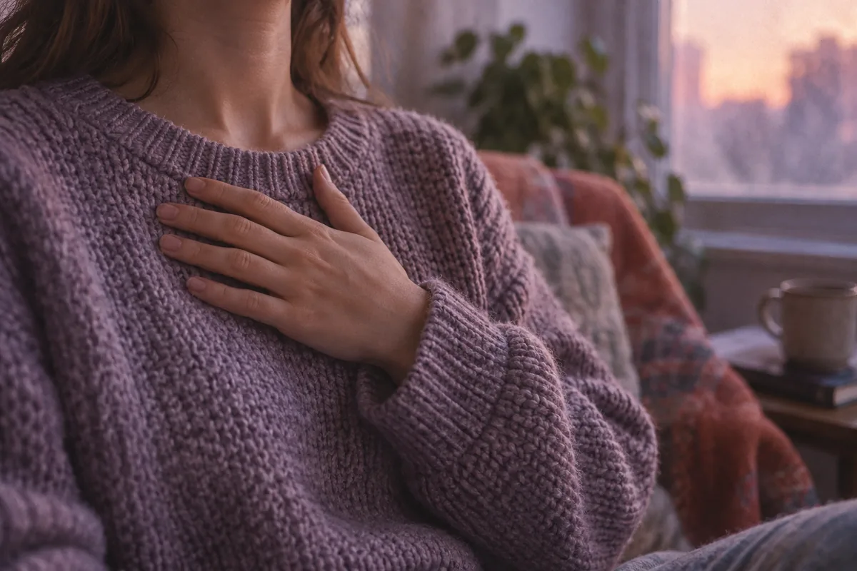 A hand resting on the chest during slow breathing in soft light
