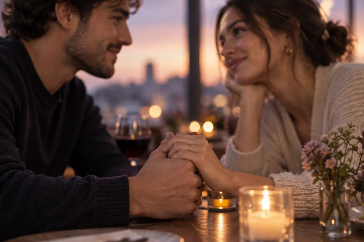 A couple holding hands across a table in soft warm light