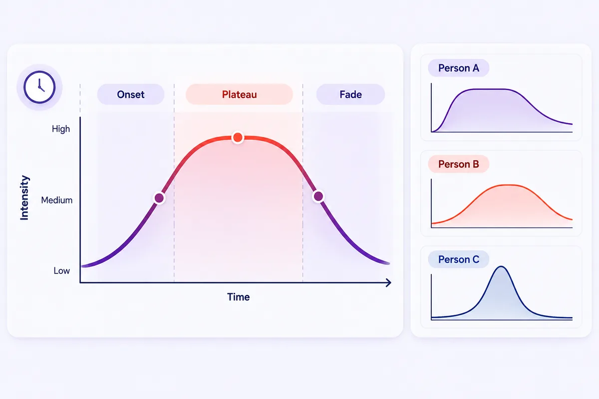 A timeline with a rising and falling wave beside a clock