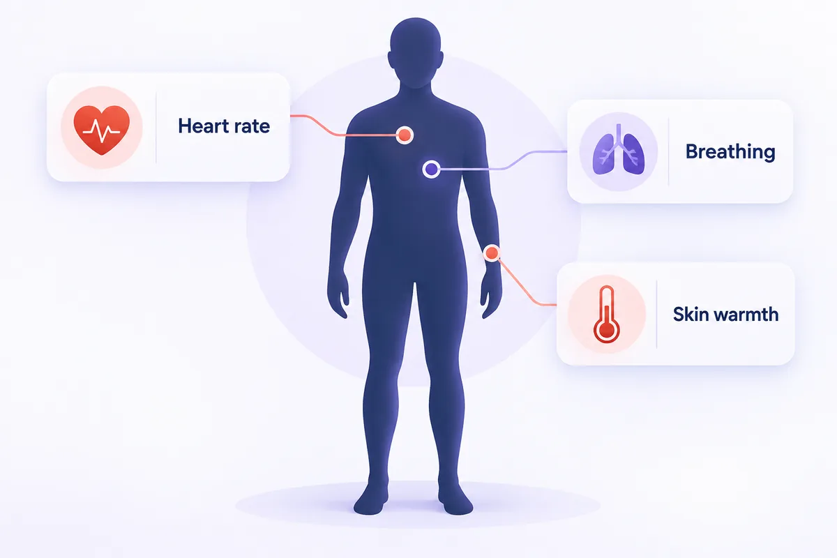 Pictogram of a person with small highlighted points at the chest, head and skin