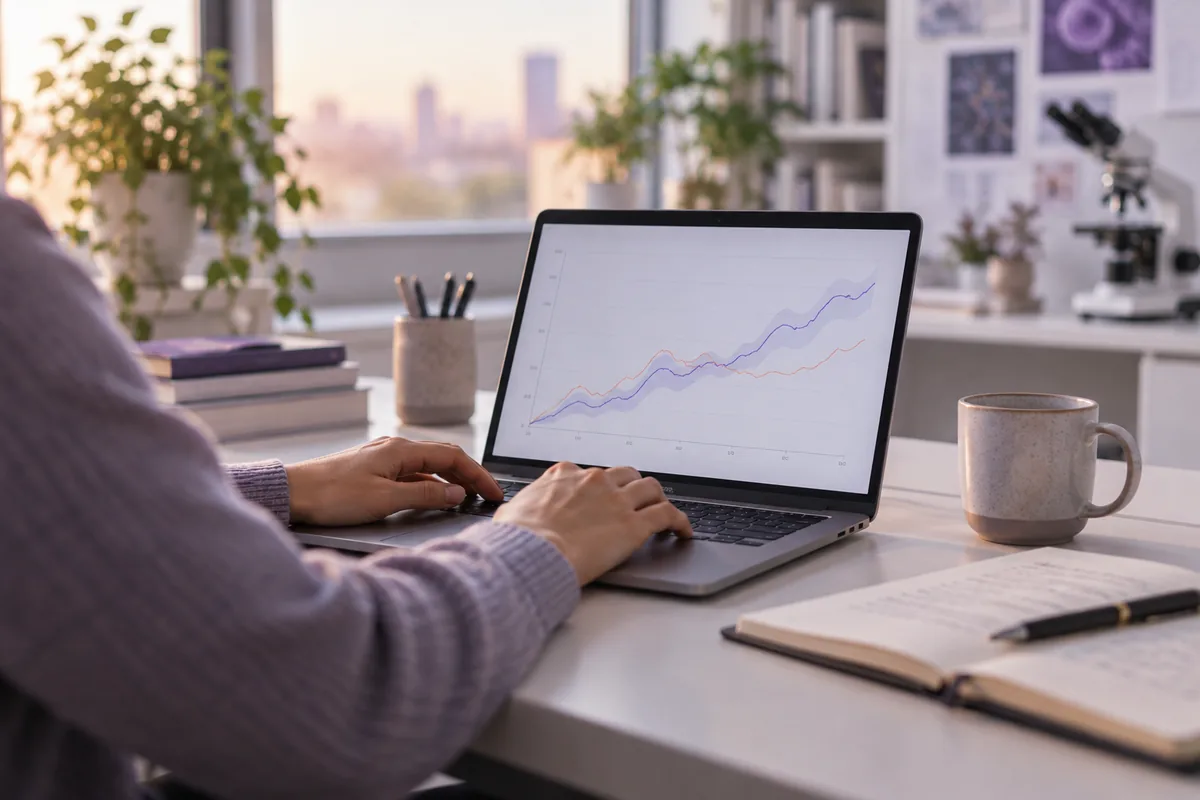 Hands at a laptop showing a smooth line graph in a research office