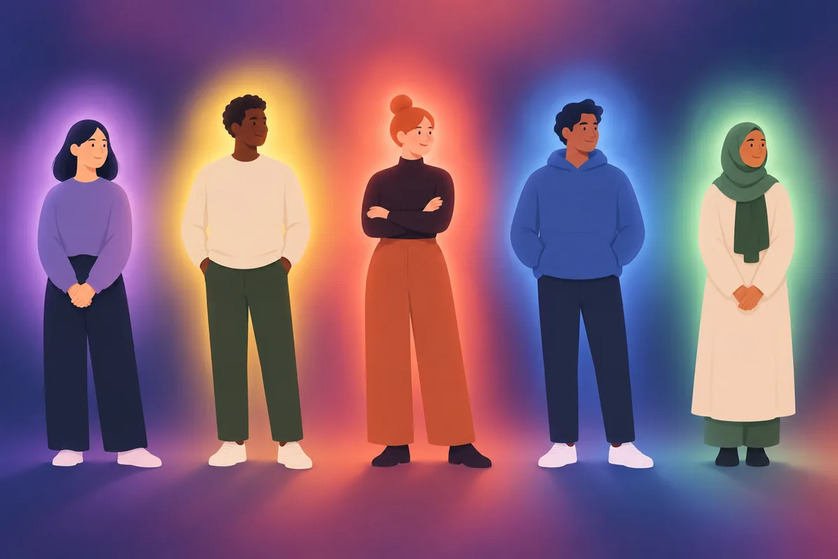 Five different people each surrounded by a differently colored glow