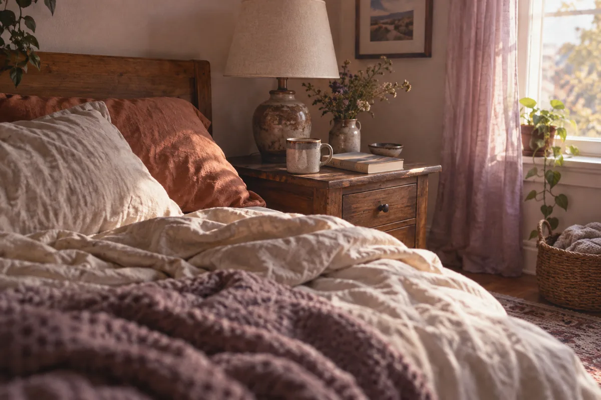 A quiet bedroom corner with rumpled sheets, a lamp and a mug in soft window light