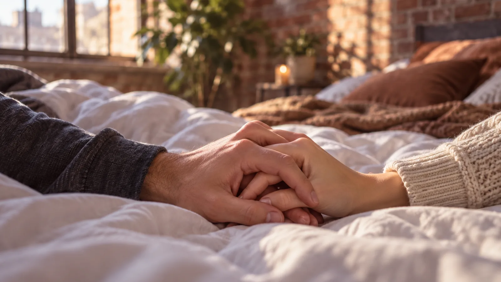 Two adults' hands intertwined on rumpled white linen in a warm, brick-walled bedroom